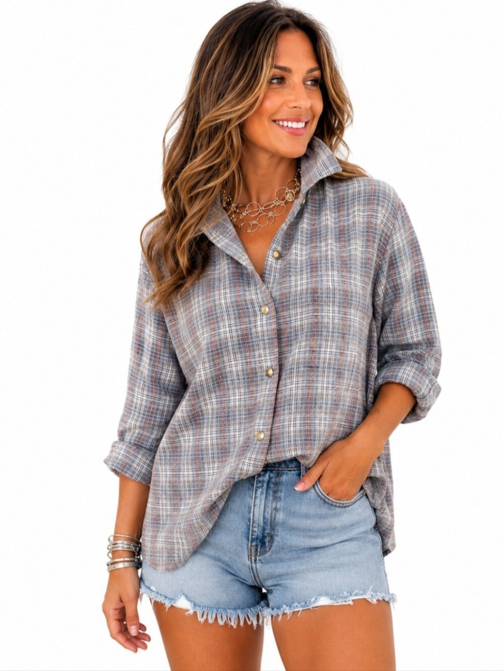 Woolrich Women Plaid Button Front Shirt 100% Cotton Size Medium Coastal Grandma